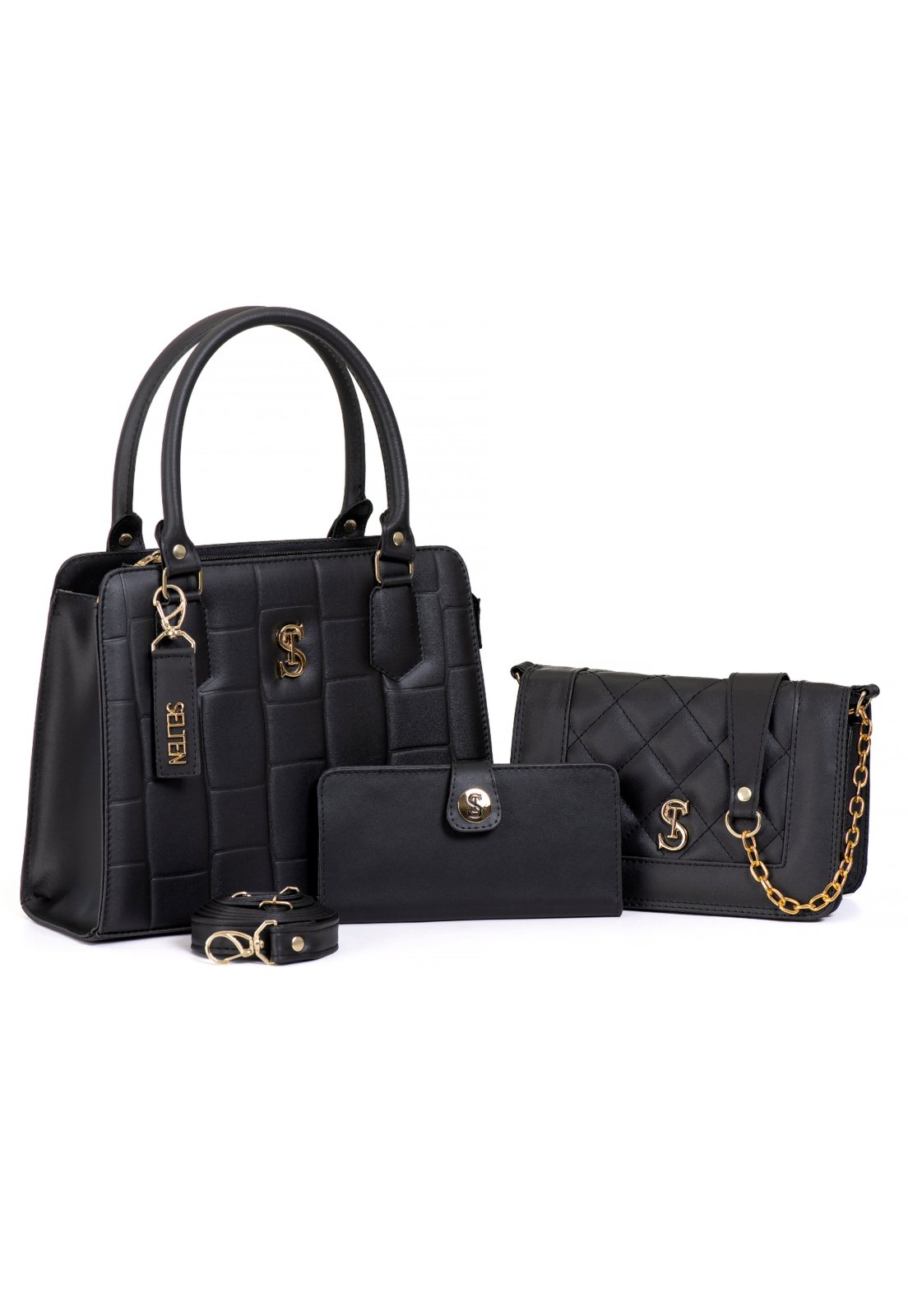 Bolsa Feminina Grande Com Bolsa Pequena Transversal E Carteira Preto