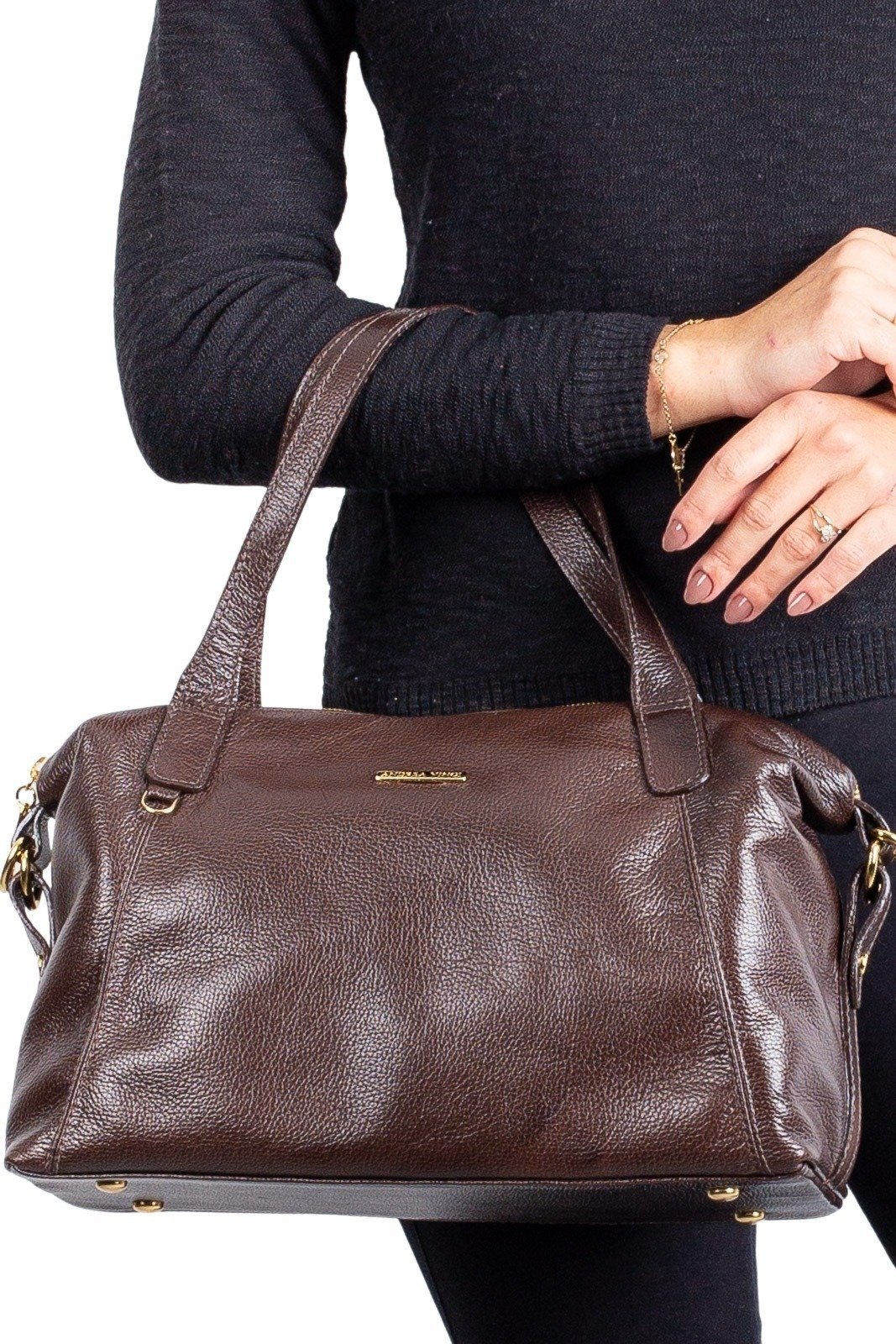 Bolsa de couro liso grande Aurora - Café