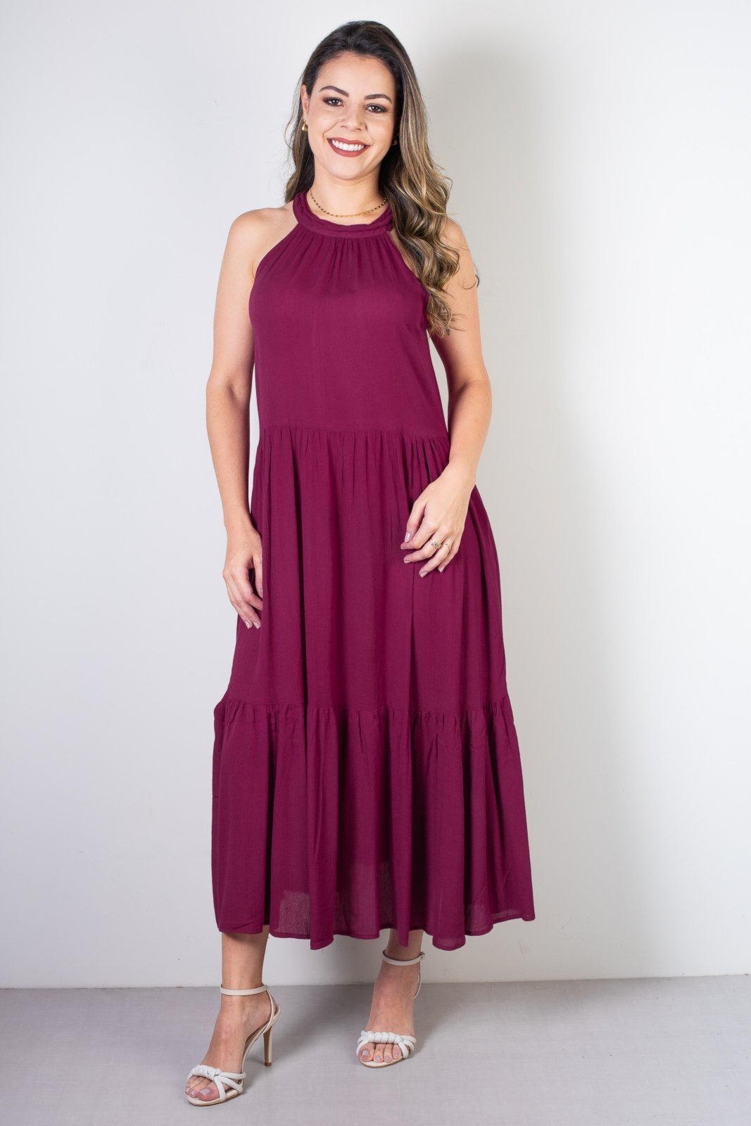 Vestido feminino midi decote halter 70968 – Bordô
