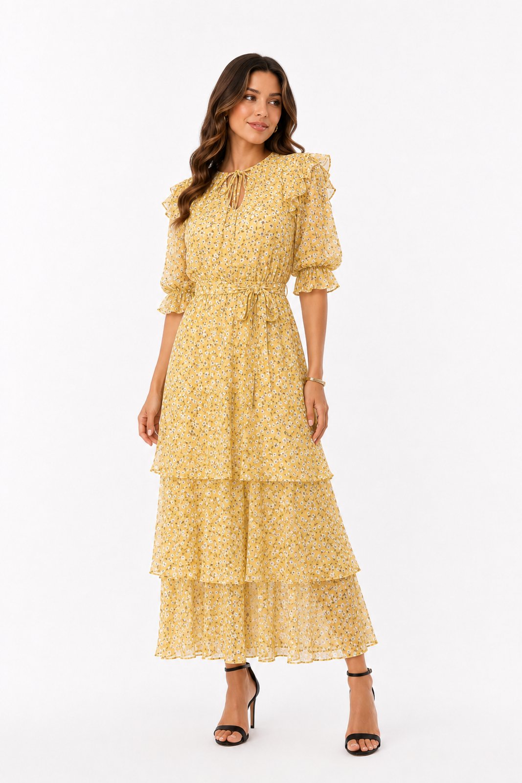 Vestido Midi D Bell Outlet Fashion Chiffon Estampado Babados Amarelo
