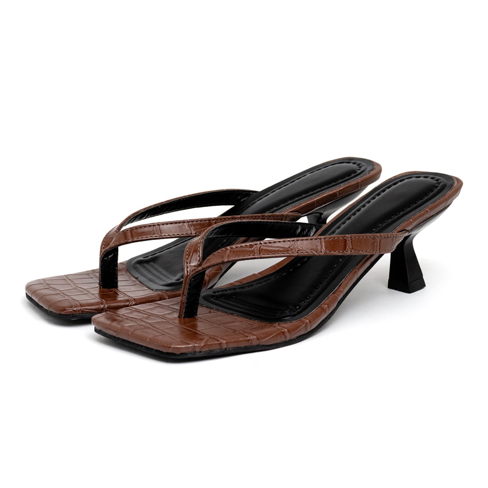 Tamanco Feminino Flip-Flop Bico Quadrado Salto Baixo 5410 Croco Cacau