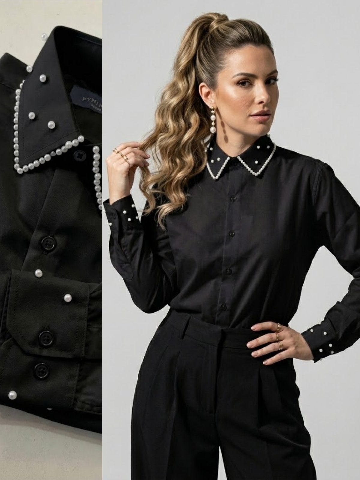 Camisa Social Preta Feminina com Pérolas no Gola e Punhos Premium | Blusa de Luxo Manga Longa Elegante