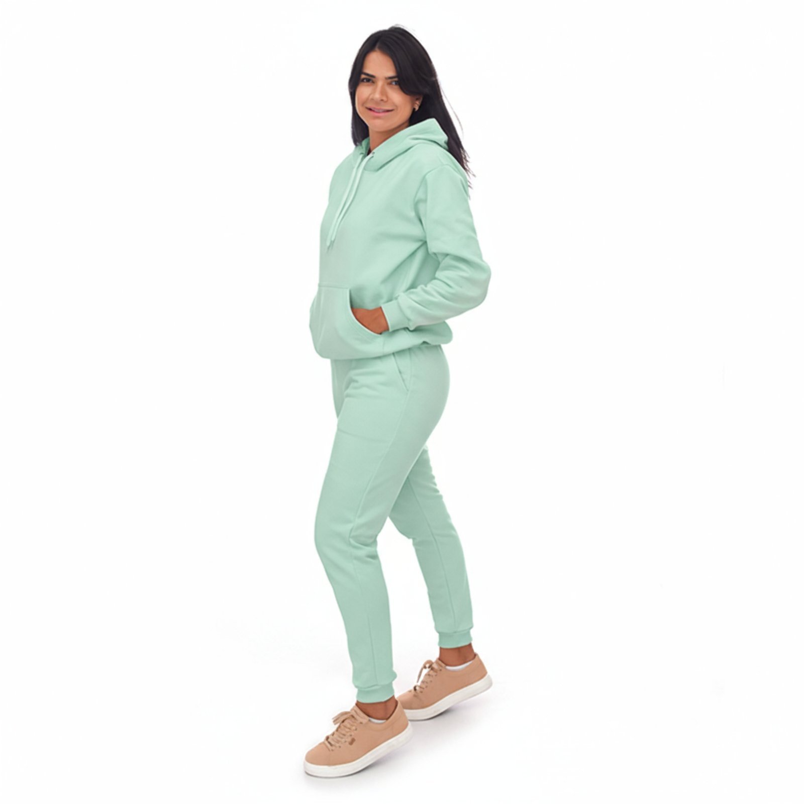 Conjunto Em Moletom Blusa Canguru e Capuz E Calça Estilo Jogger Adulto Verde Claro Aliarthe