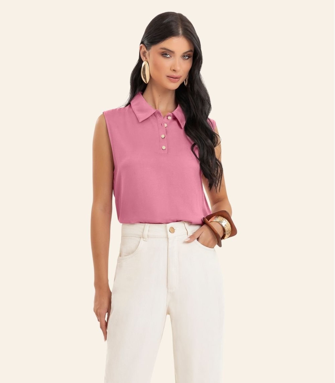 Polo Feminina Sem Manga Com Botões Endless Rosa