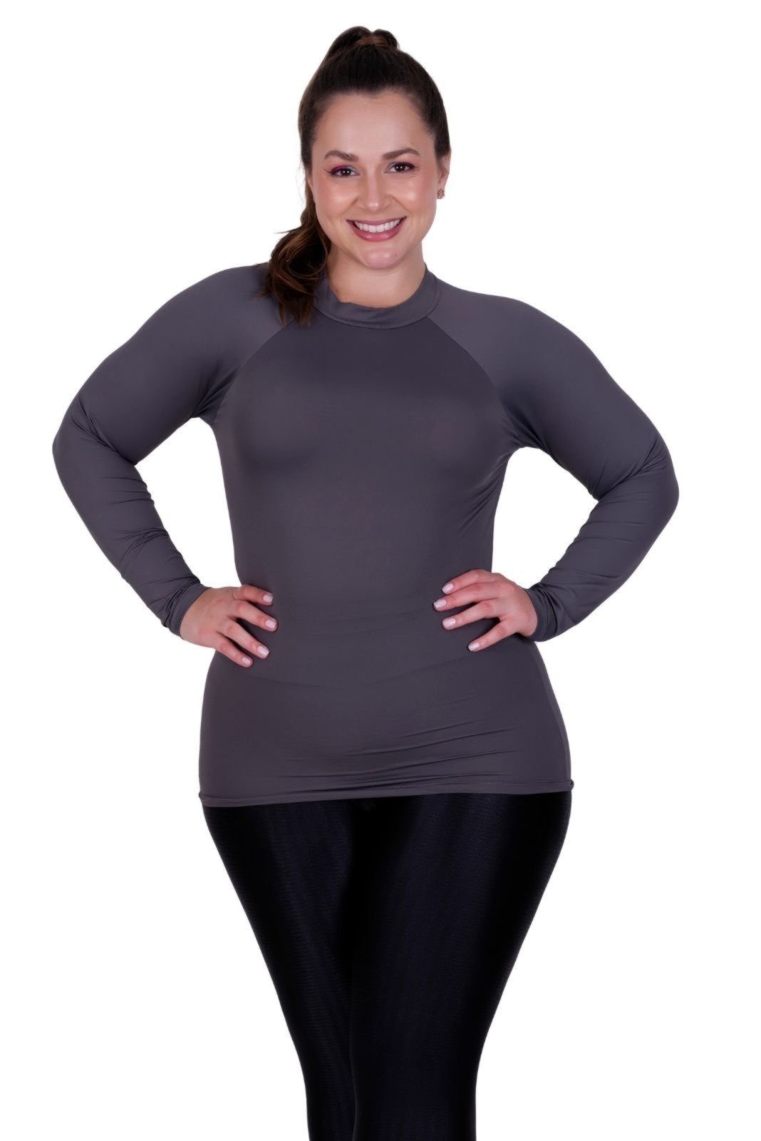 Blusa Plus Size Proteção Solar UV 50+ Terra e Mar Camisa Térmica Segunda Pele Frio e Calor Feminina Inverno Frio Cinza