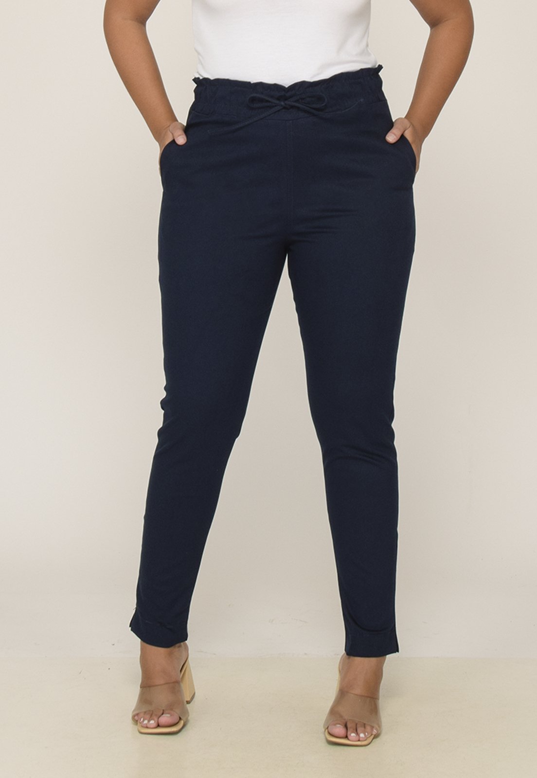 Calça Feminina em Sarja Elastano Cintura Alta Cós Elastico 7937 Azul Marinho