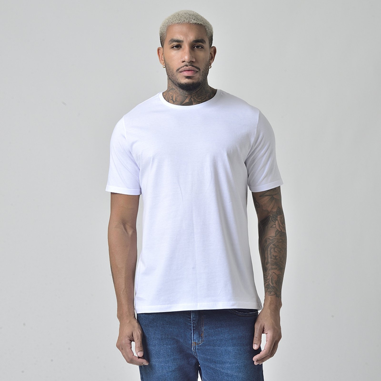 Camiseta Masculina Básica Manga Curta Gola Redonda Branca Branco Empório Alex