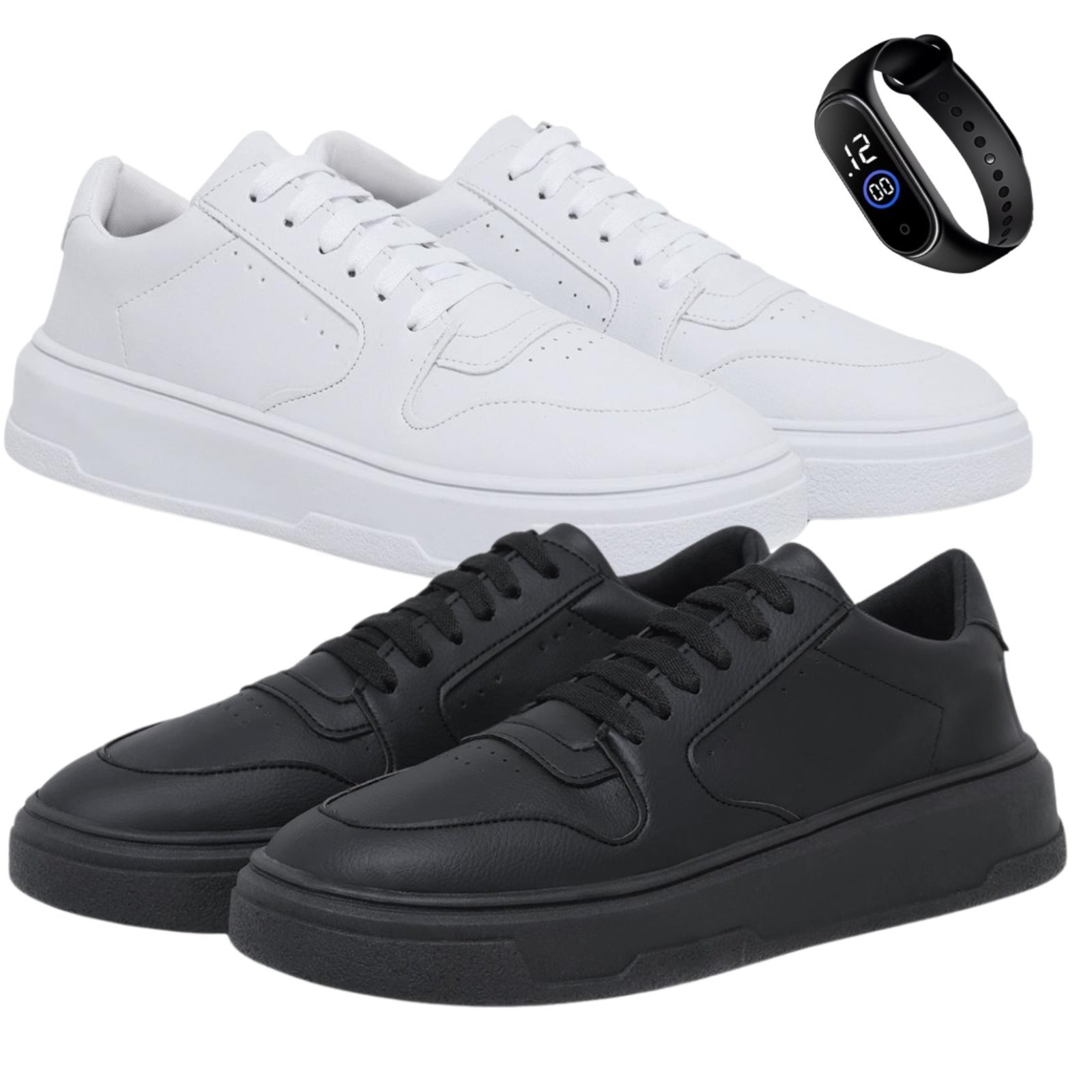 Kit 2 Pares De Tenis Sapatenis Masculino Casual Mr Try Shoes Sola Alta Com Relógio Preto E Branco
