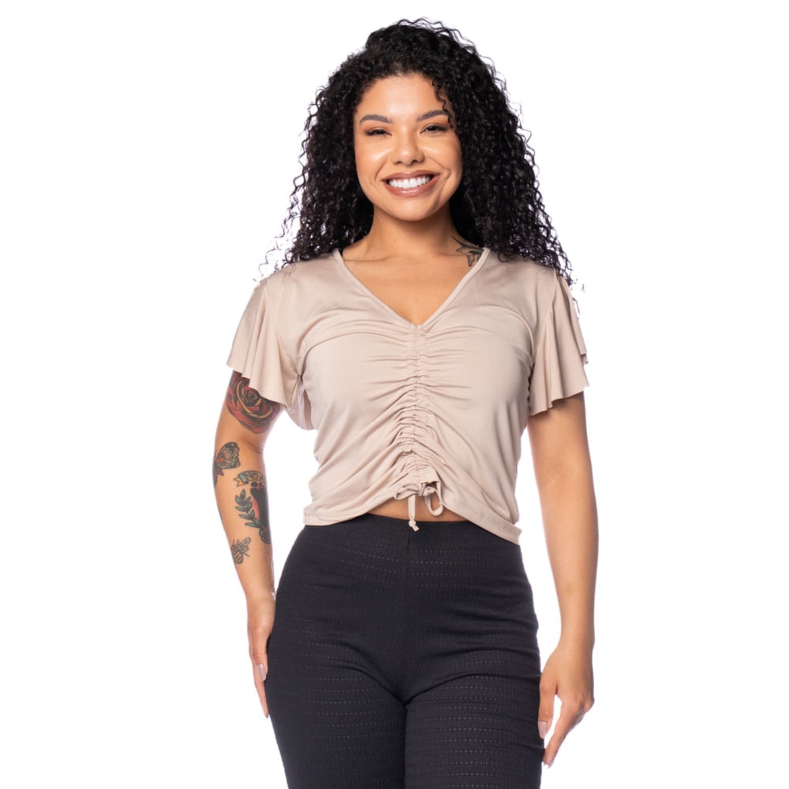 Blusa Feminina Babicat Manga Curta Franzida Bege