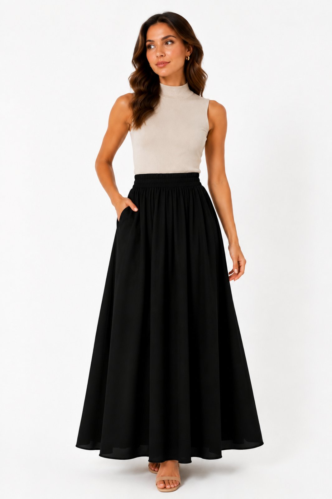 Saia Longa D Bell Outlet Fashion Elegante Com Bolsos Preto