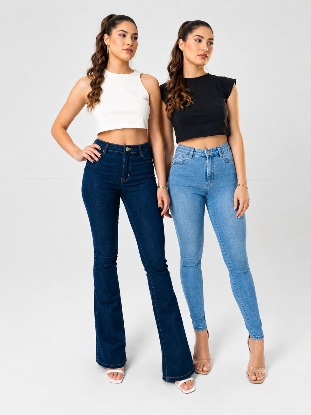 Kit 2 Calças Flare Jeans Feminina Yellow Jeans Azul Claro e Azul Escuro Cintura Alta