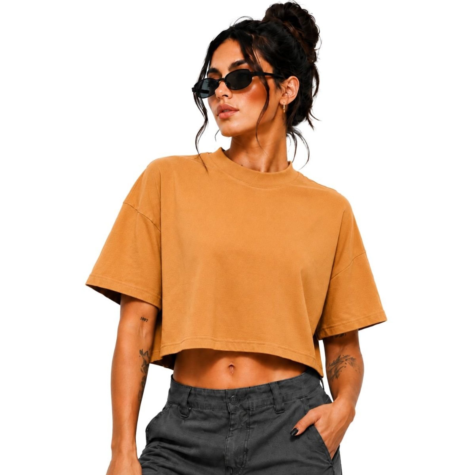 Camiseta Feminina Cropped Oversized 100% Algodão Gola Redonda Básico Confortável Casual