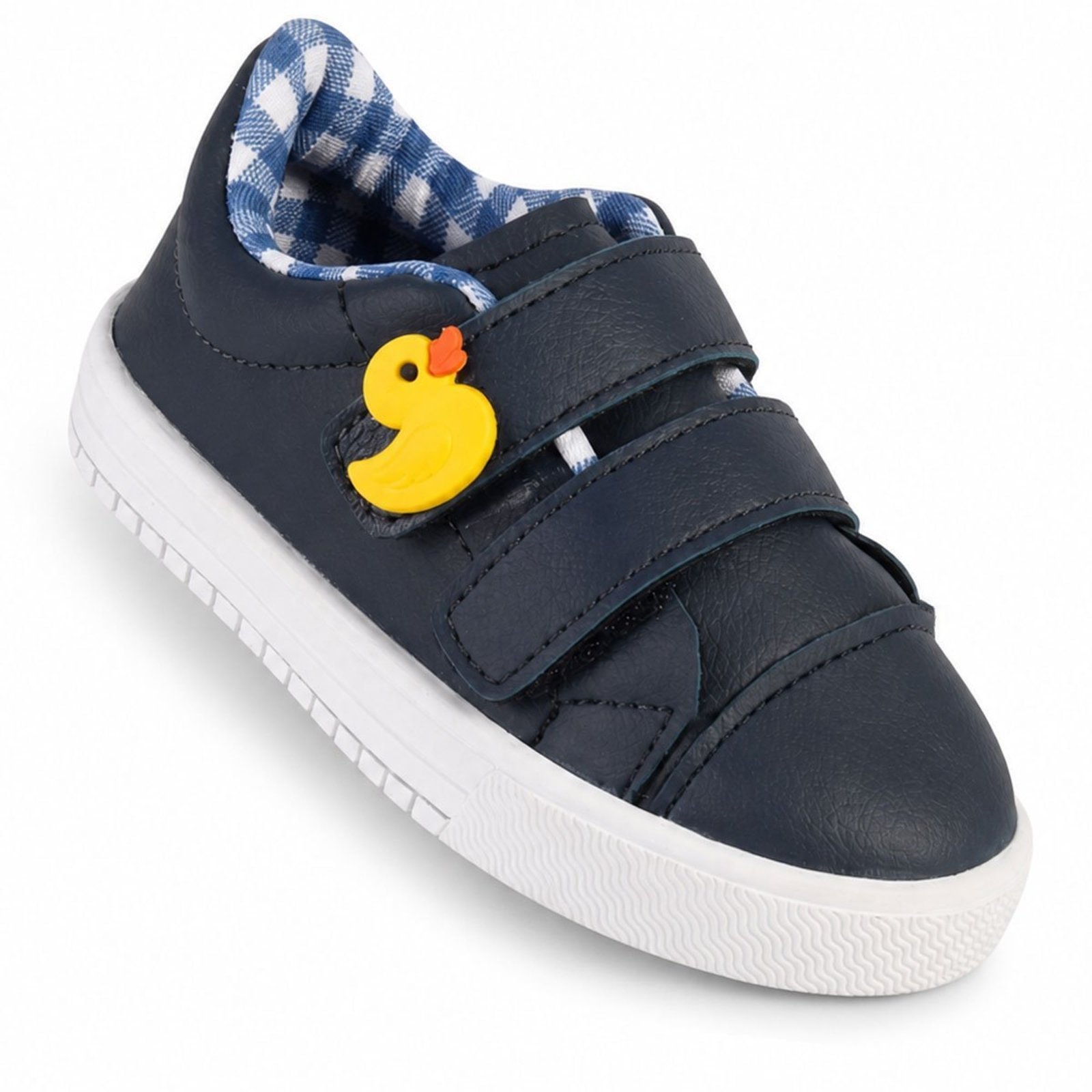 Infantil - Tênis Menino Bee Happy Patinho Azul Marinho com Tira autocolante e Forro Xadrez