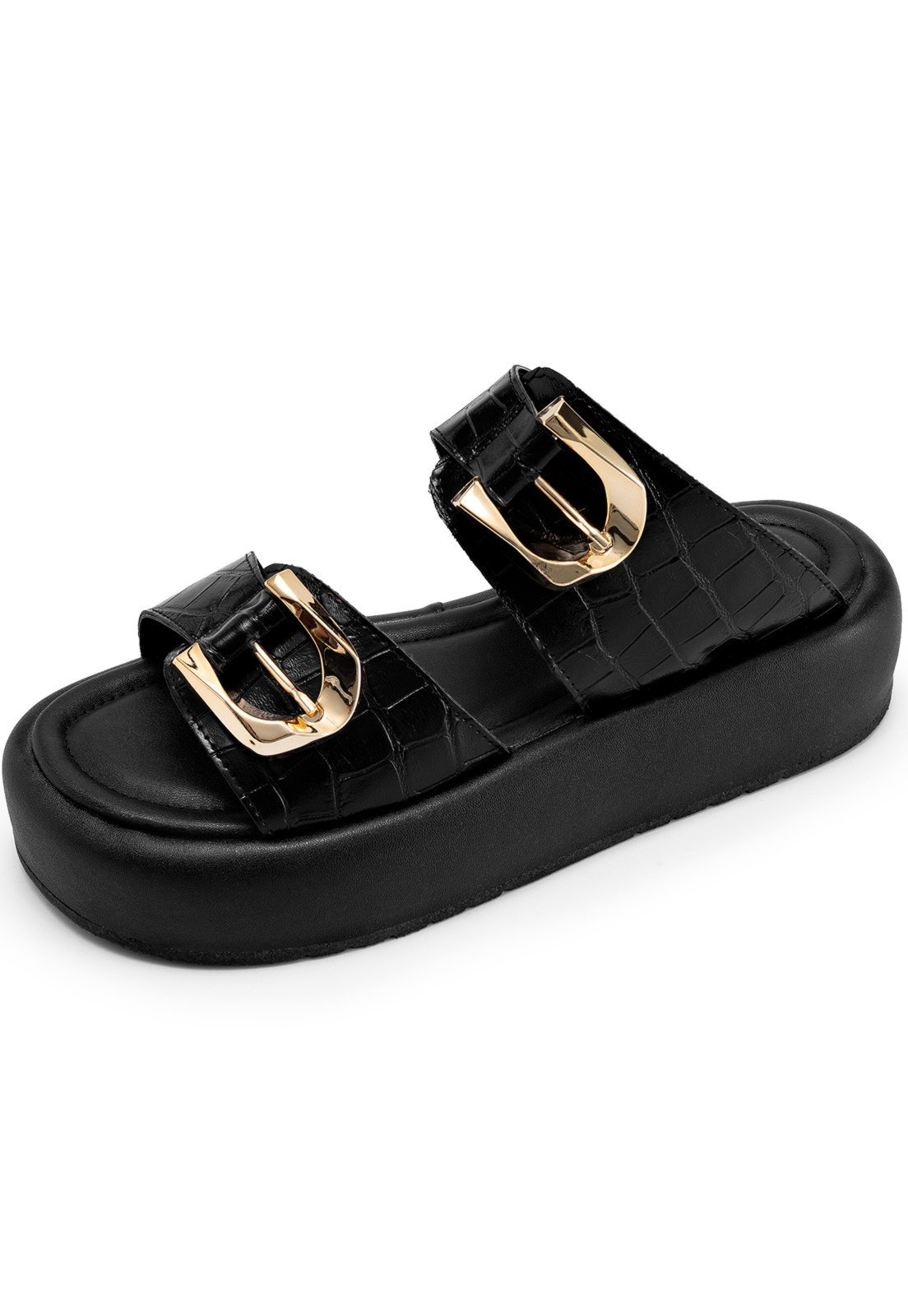 Sandália Flatform Feminina Lumiss Croco Fivelas Dourada Confortável Preto