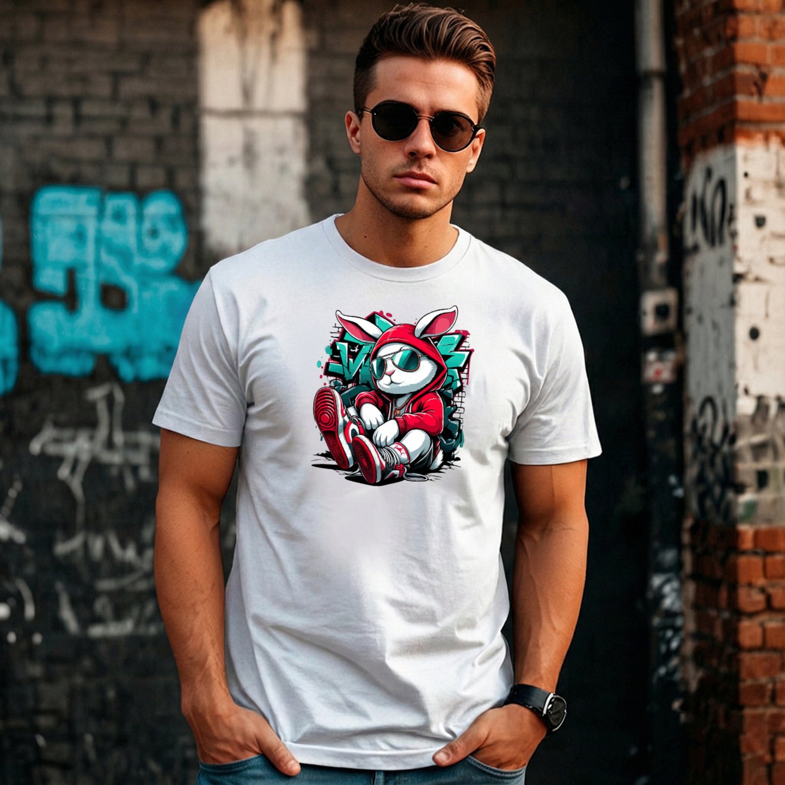 Camiseta Masculina Sartre Algodão Básica Branca Manga Curta Gola Redonda Estilo Versátil Conforto Macia Estampa Coelho