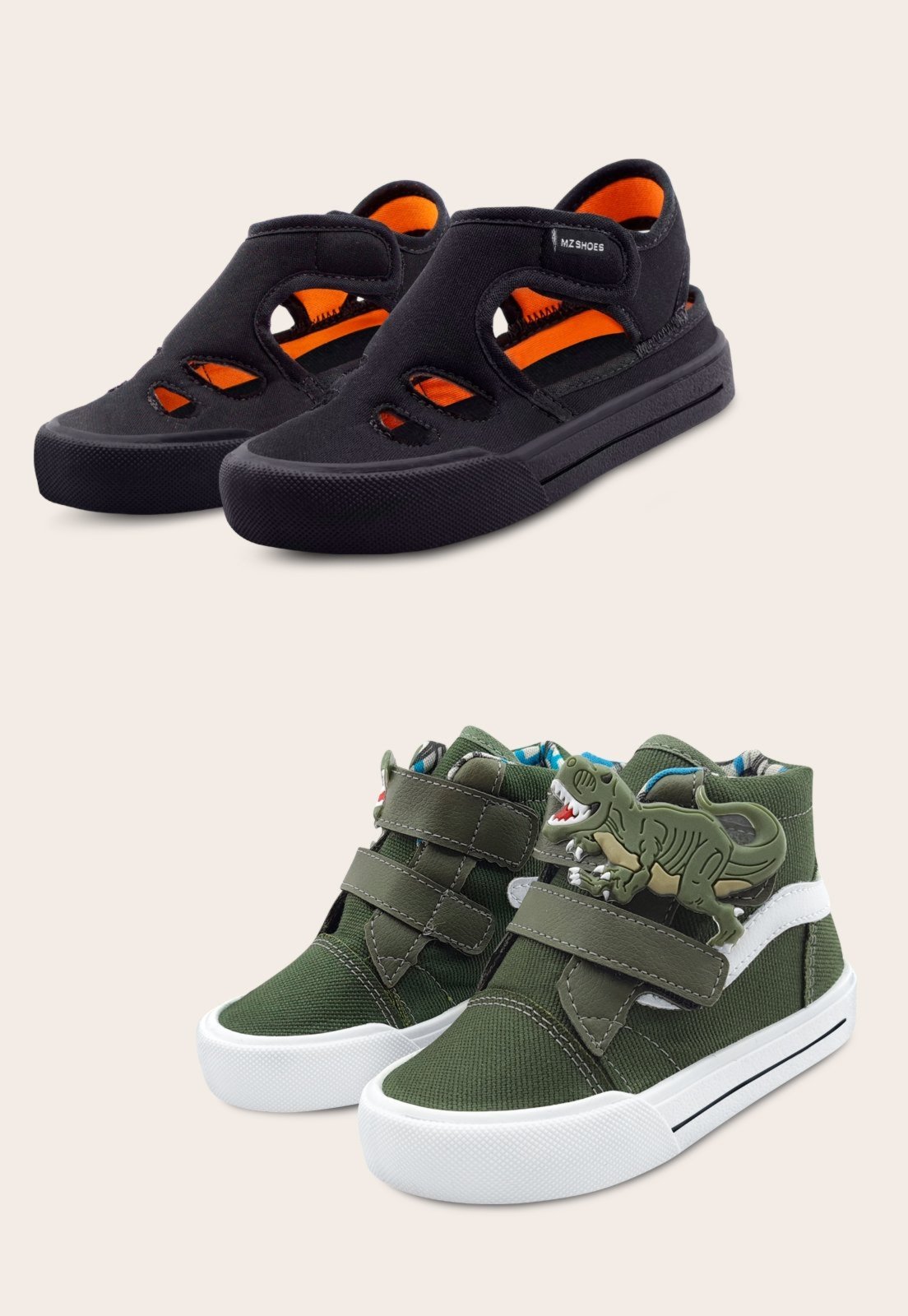 Infantil – Kit 2 Pares Sandália Papete Masculina Preta E Tênis Dinossauro Rex Verde Mzkid