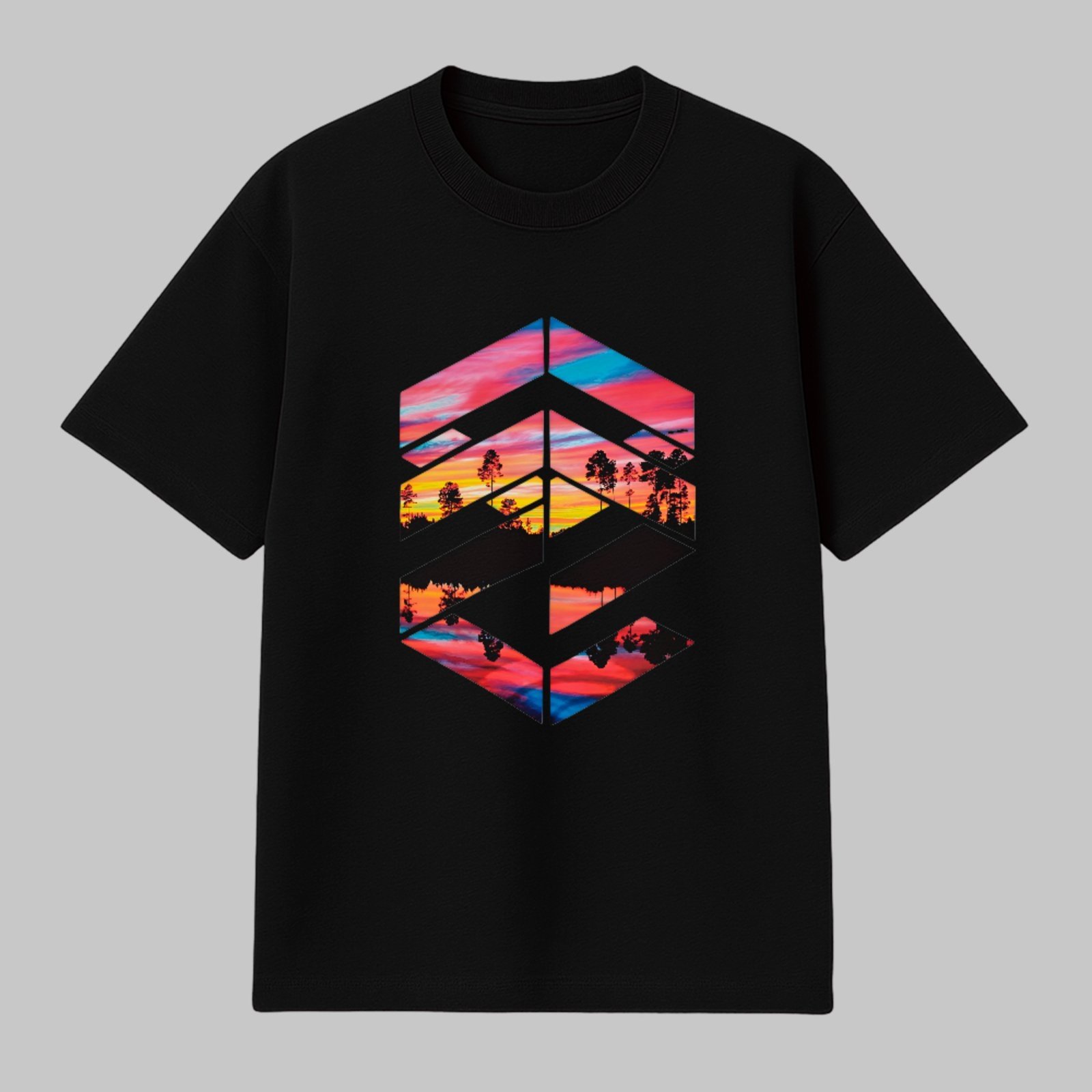Camiseta Básica Geometric Sunset Landscape Unissex Preto