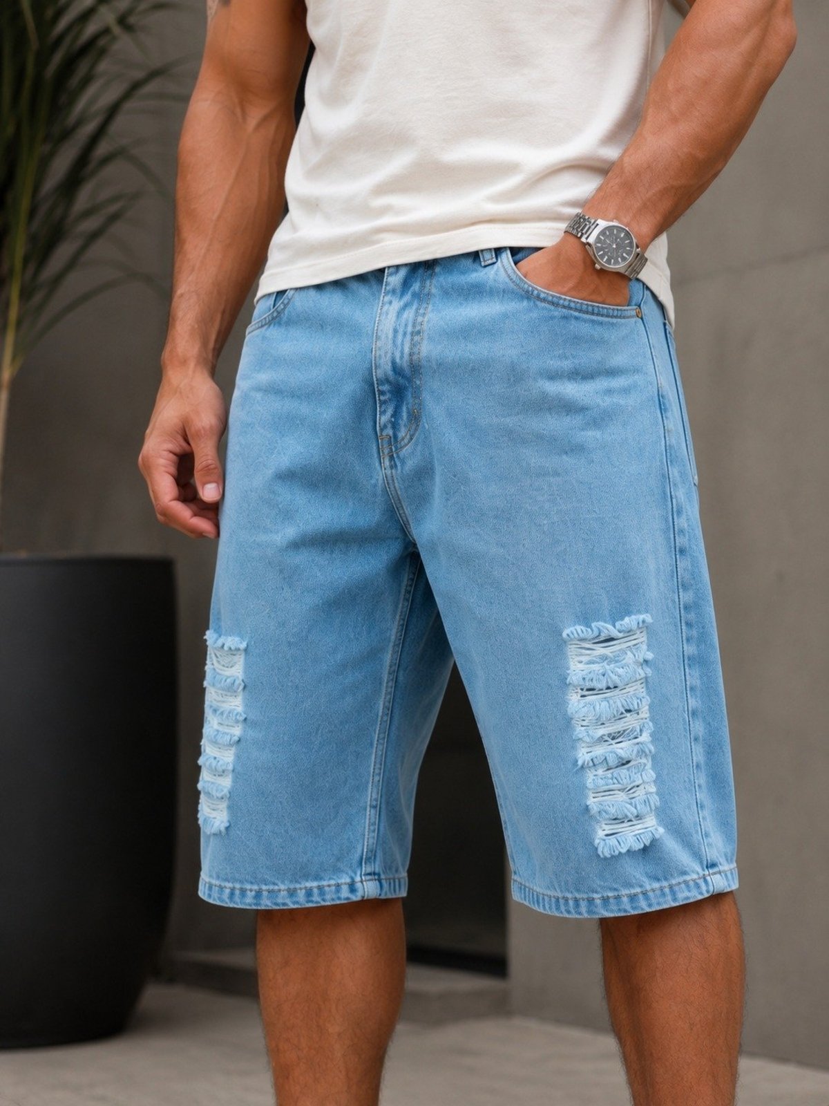 Bermuda Balão Jeans Destroyed Masculina Alpha Street Wear Casual Confortável Básica Delave