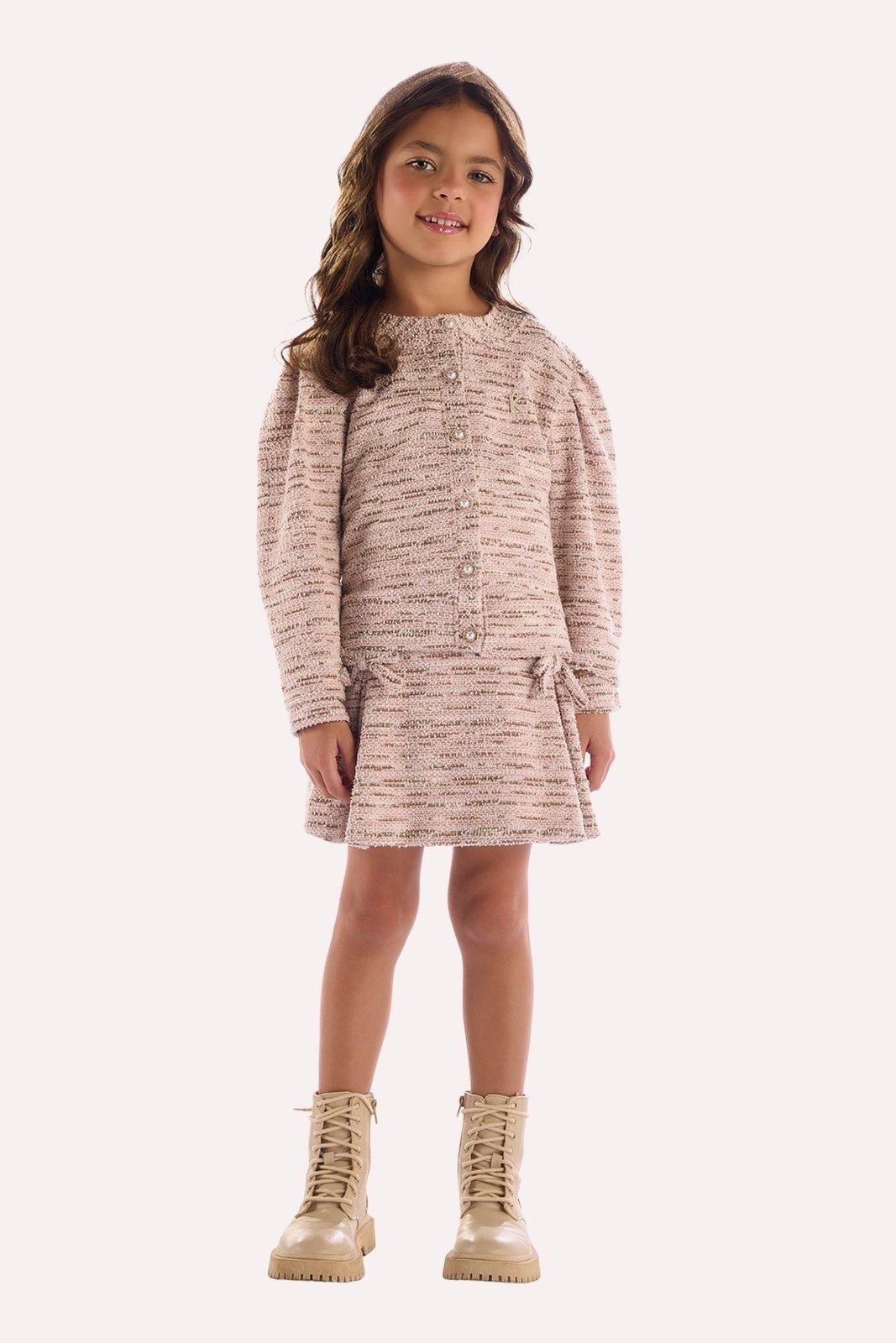 Infantil - Conjunto Rosa Casaco e Shorts Saia em Malha Tweed