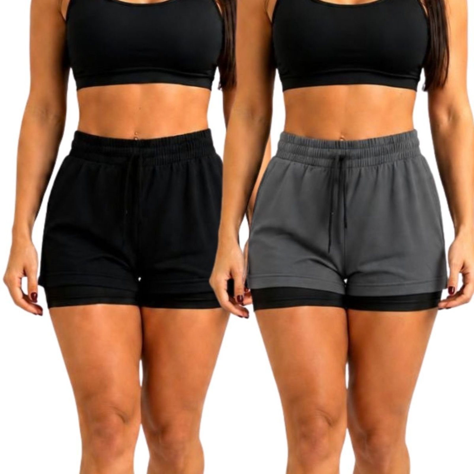 Kit 2 Short Feminino Dry Fit 2 em 1 Bermuda Térmica com Compressão Academia Corrida Fitness Preto e Chumbo