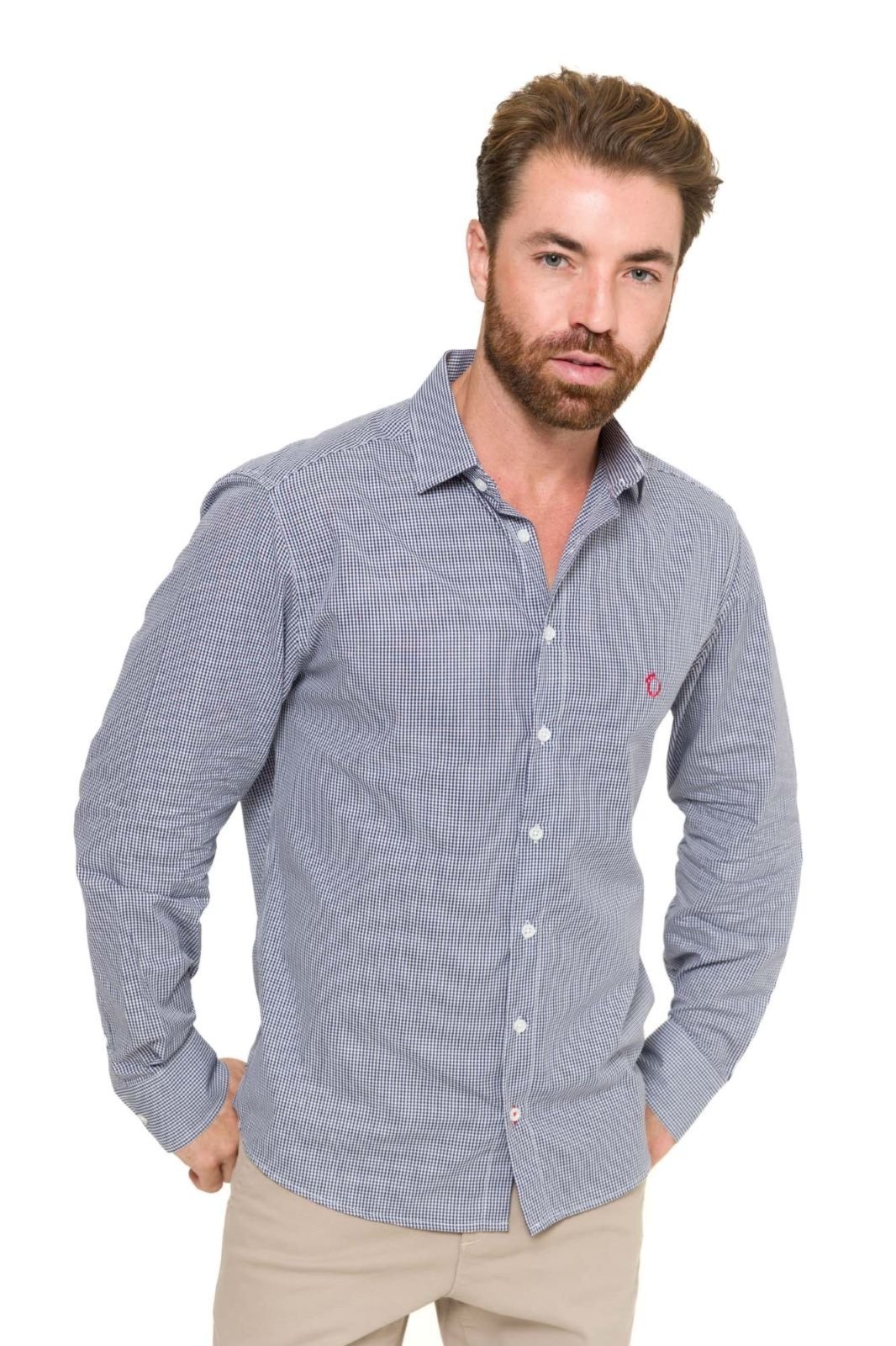 Camisa Social Masculina Slim Olimpo Algodão Fio 50 Xadrez Azul