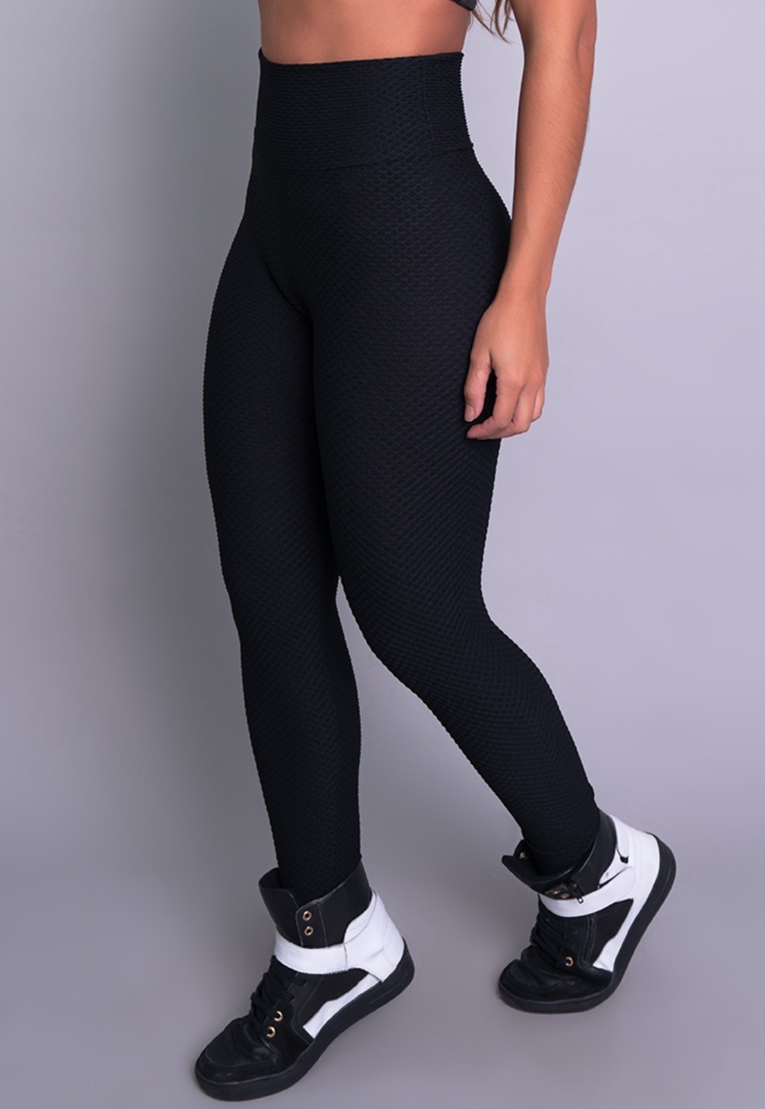 Calça Legging MVB Modas Cintura Alta Textura Tecido Bolha Preto