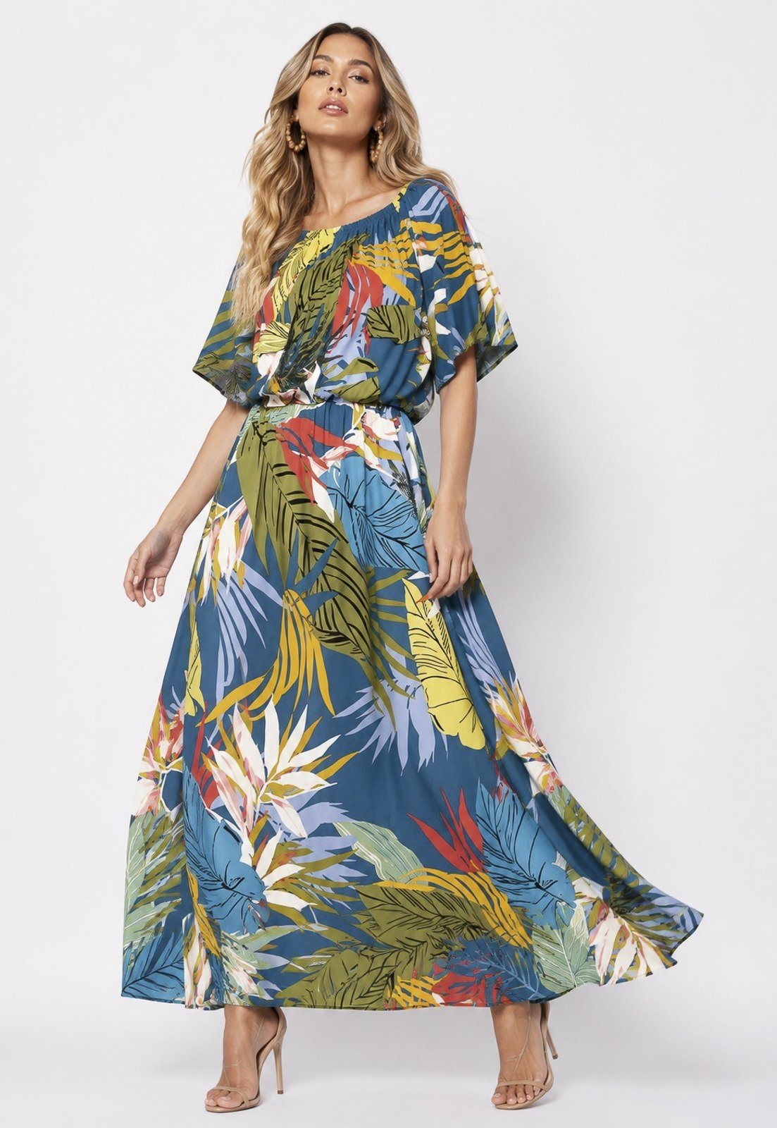 Vestido Midi Cabanafree Ciganinha Viscose com Lapela Estampa Brisa Botanica