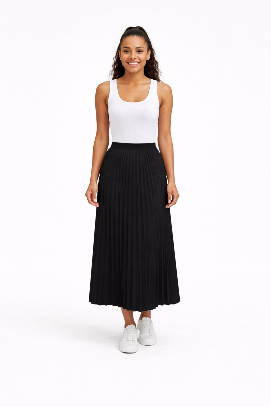Saia Longa Plissada D Bell Outlet Fashion Forrada Lisa Evangélica Cintura Alta Preto