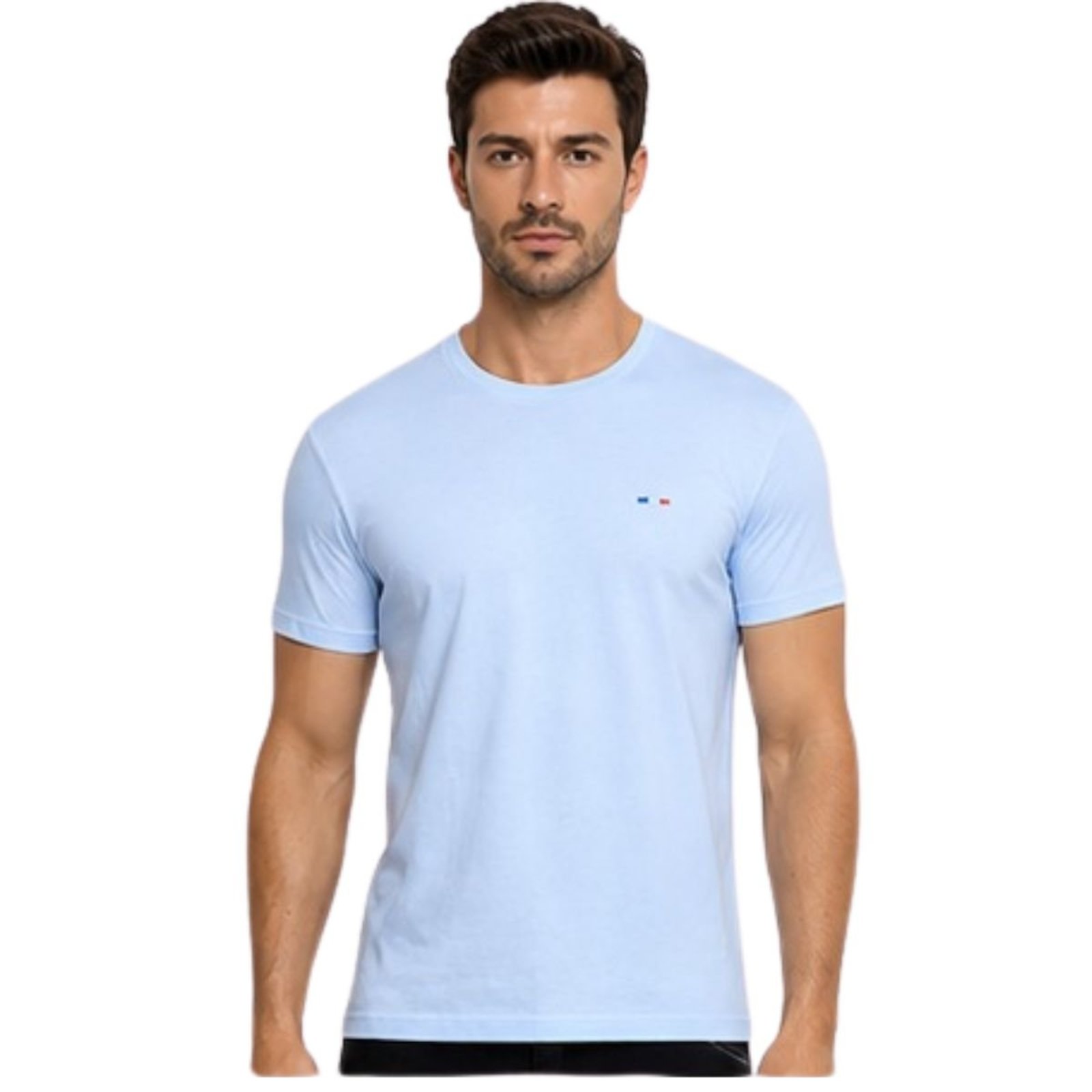 Camiseta Básica Masculina em Algodão Premium Bordado Premium França Azul Claro