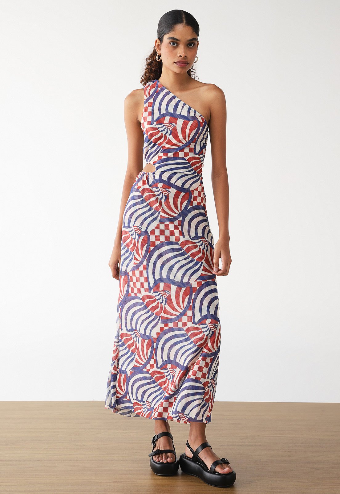 Vestido Tule FARM Longo Concha Grafica Azul