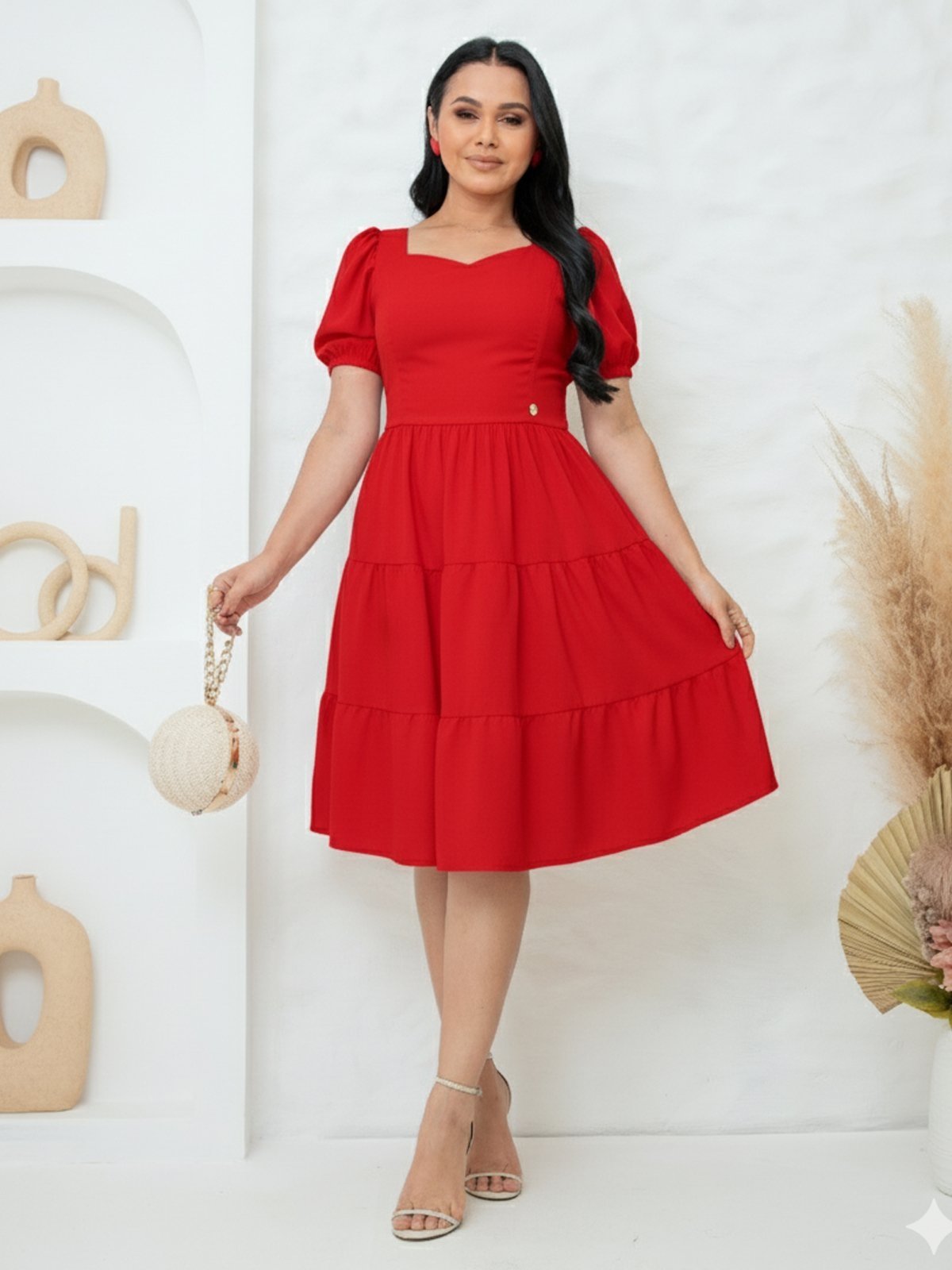 Vestido Midi Godê Manga Curta Moda Modesta Evangelica Vermelho Elegante Charmoso