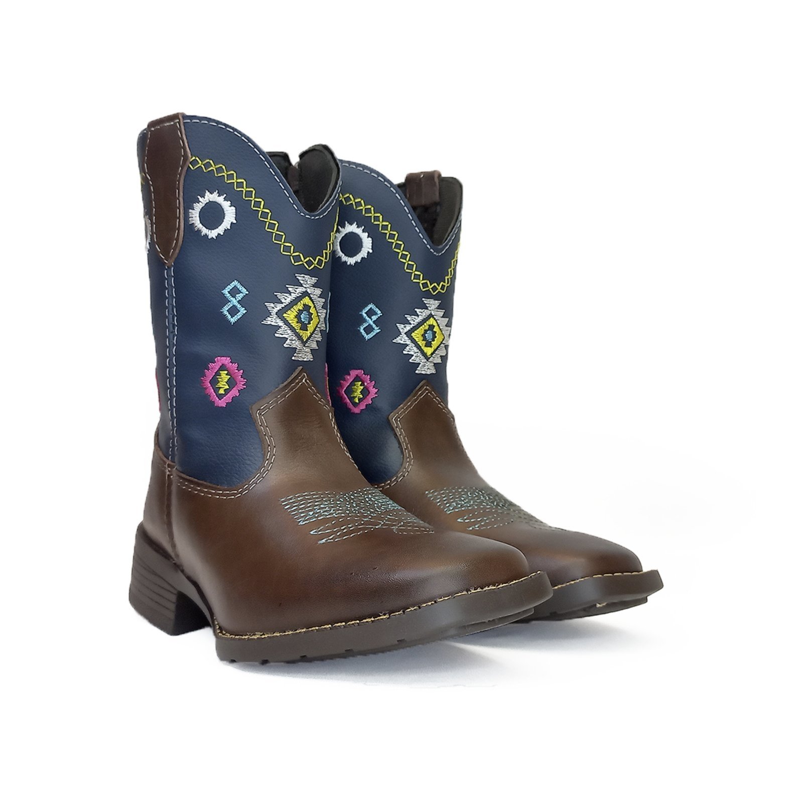 Bota Country Feminina em Couro Café Azul Bordado Tribal Kapell