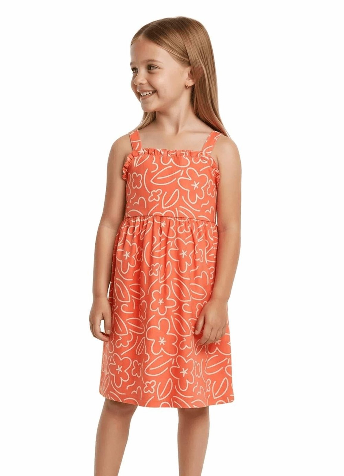 Infantil - Vestido Menina Flores Pinceladas Alphabeto Mangaba Laranja