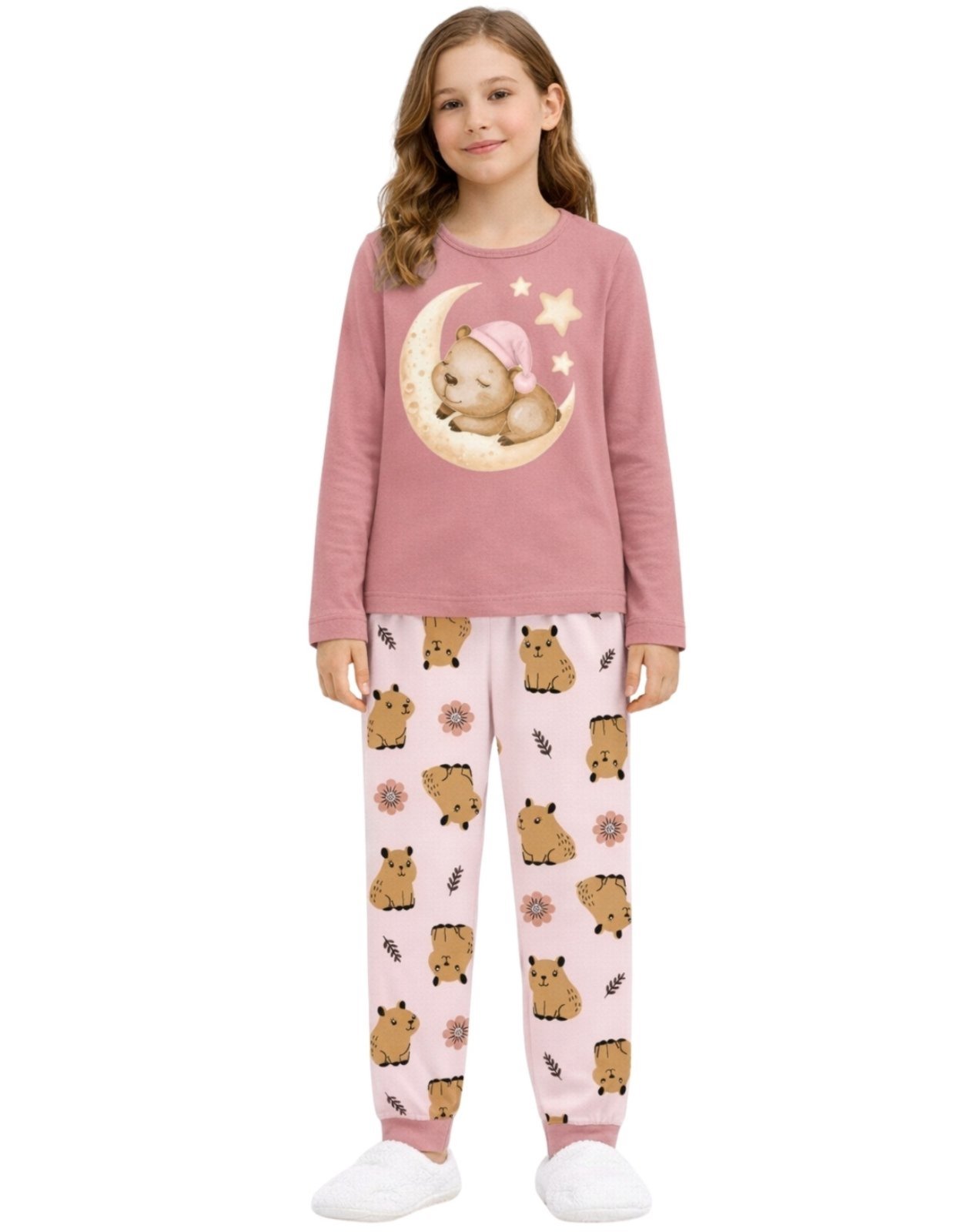 Vista 2 Pijama Juvenil 2pçs Manga Longa E Calça Kyly Ursinho Creme rosa Kyly rosa