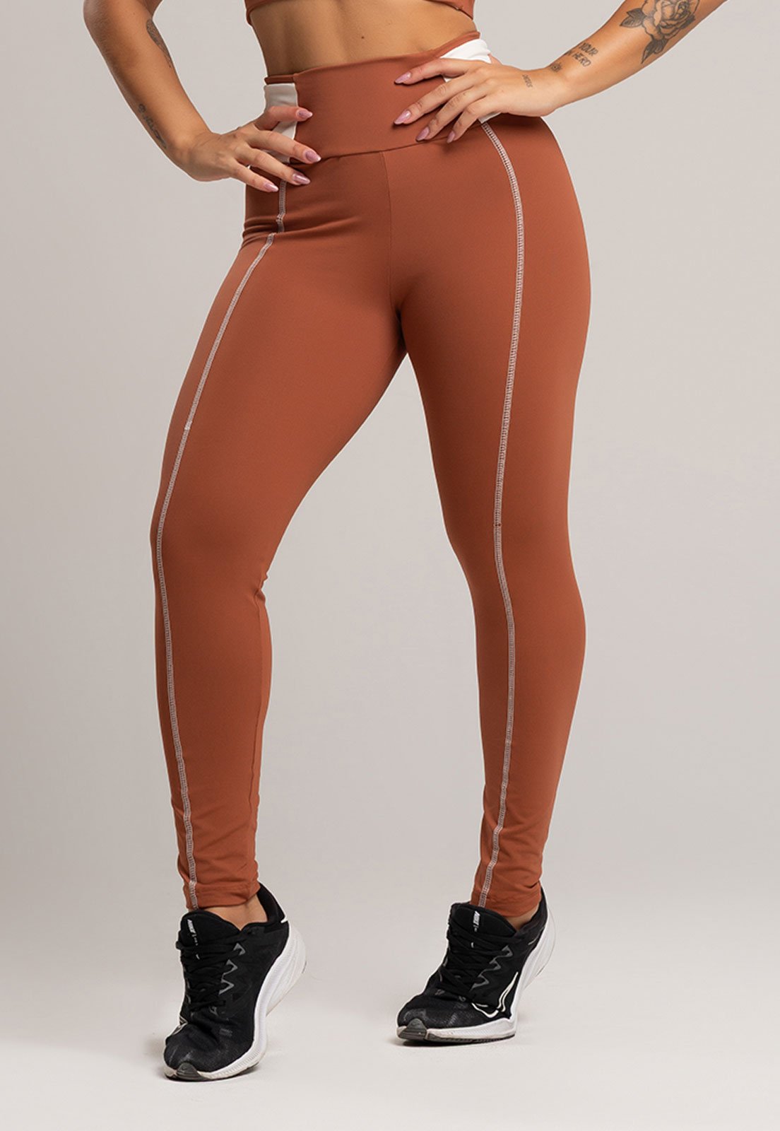 Calça Legging MVB Modas Cós Off White Cintura Alta Feminina Poliamida Mousse