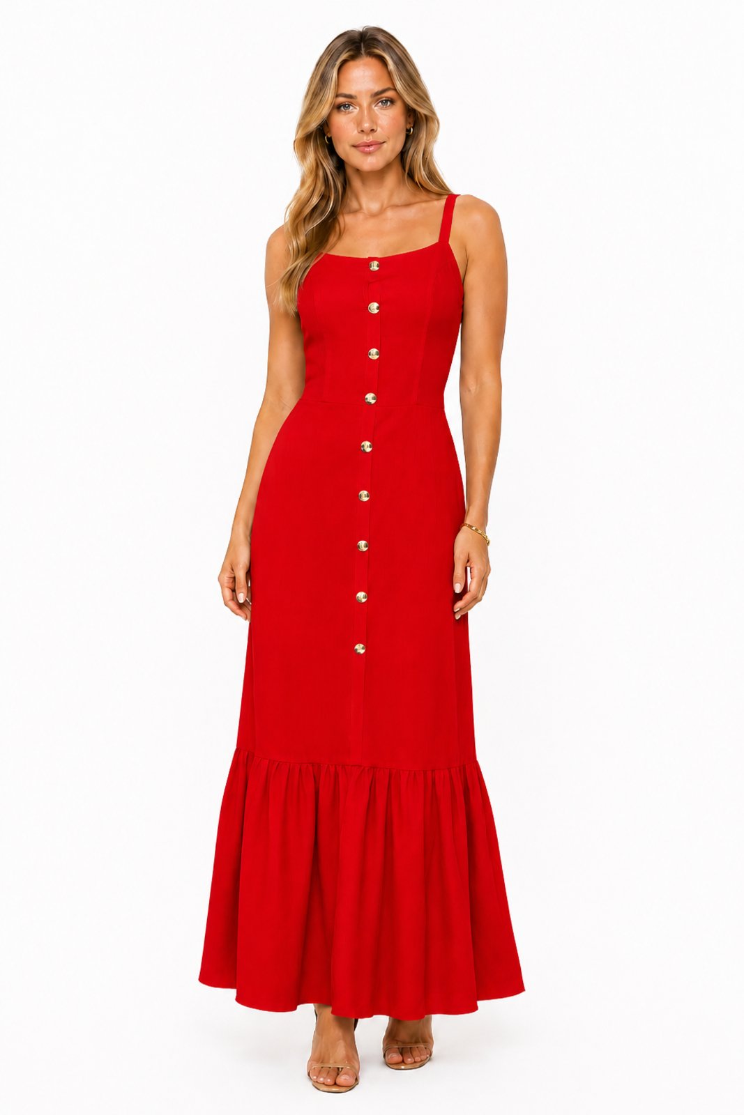 Vestido Longo D Bell Outlet Fashion Botões Vermelho