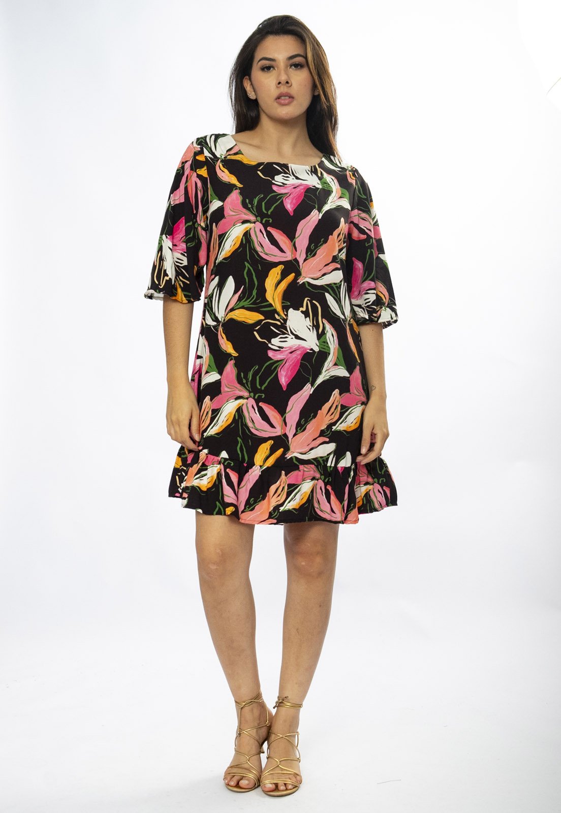 Vista 3 Vestido Amazonia Vital Curto Viscose Estampa Pétalas Noturna Amazonia Vital amarelo/branco/estampado/rosa/verde