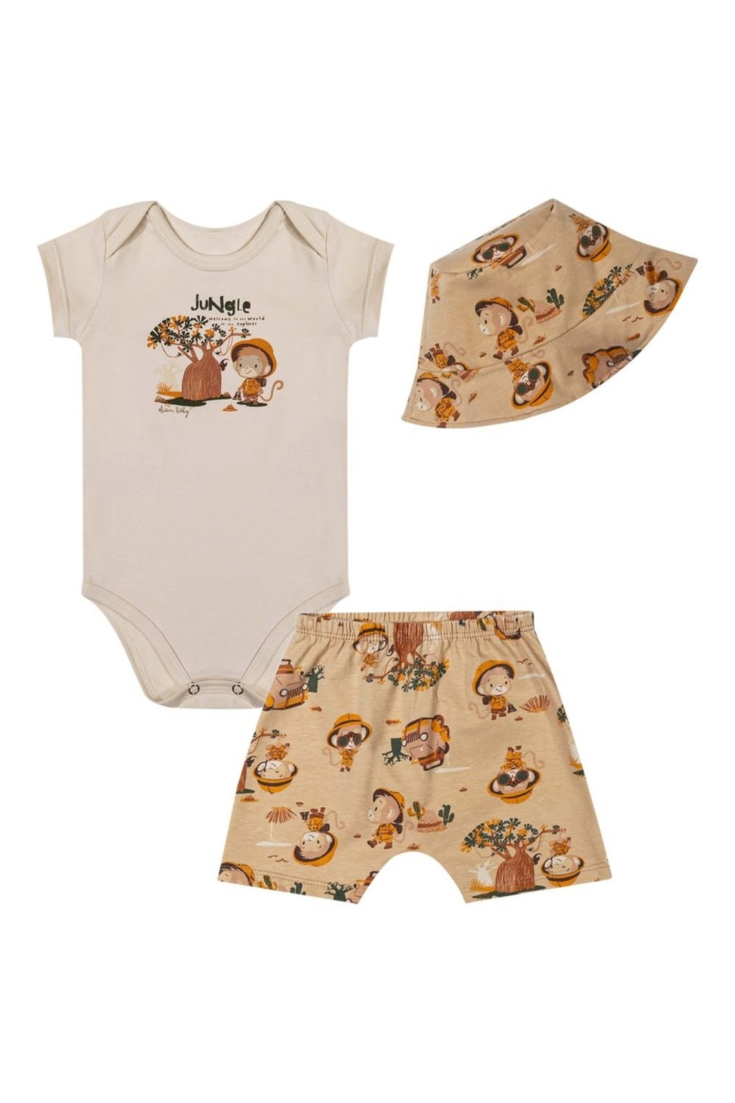 Infantil - Kit Menino Cotton Estampado Com Chapéu Elian Bege