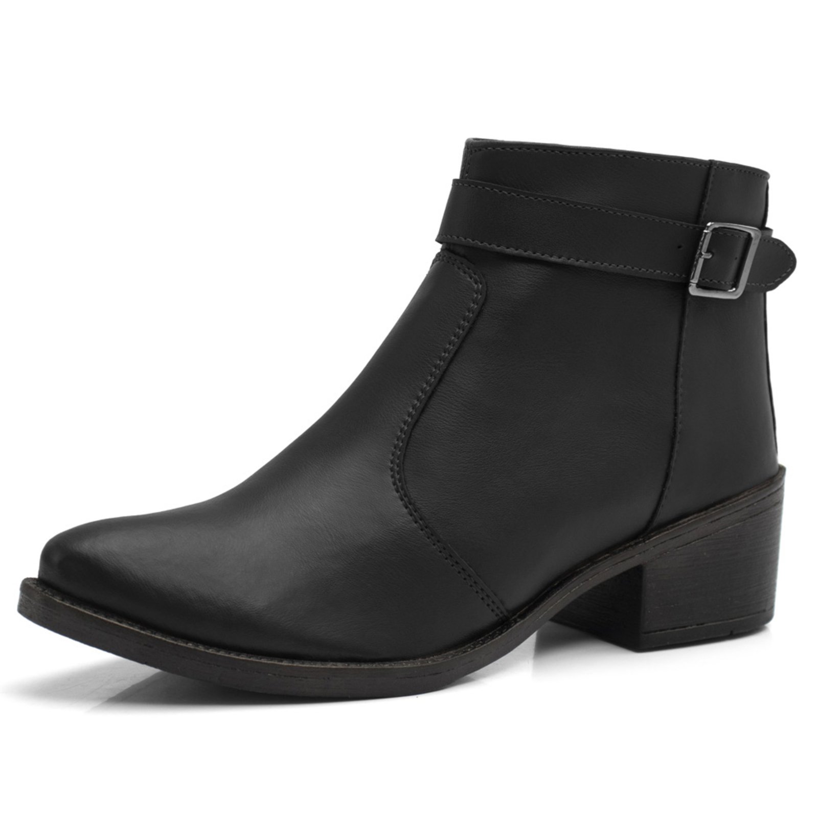 Bota Feminina RR Botas Com Fivela e Zíper Lateral Chelsea Salto 4cm Baixo Country Coturno Confortável Cano Curto Preto