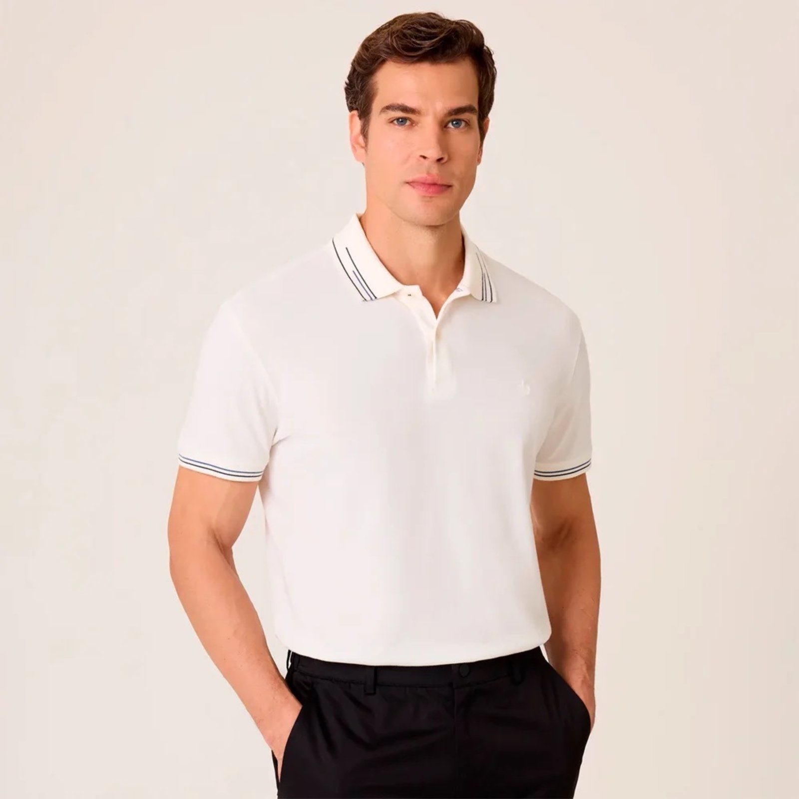 Camisa Polo Dudalina Jacquard Friso Ve26 Off White Masculino