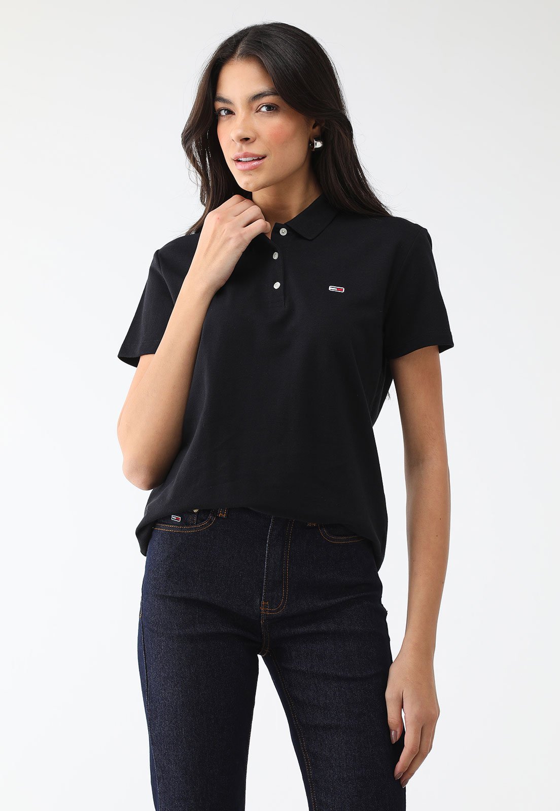 Camisa Polo Tommy Jeans Reta Logo Preta
