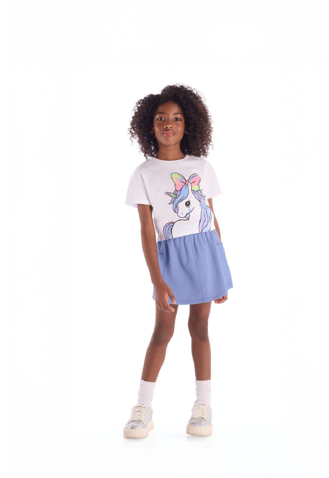 Infantil - Conjunto Blusa Unicórnio Saia Quimby Azul