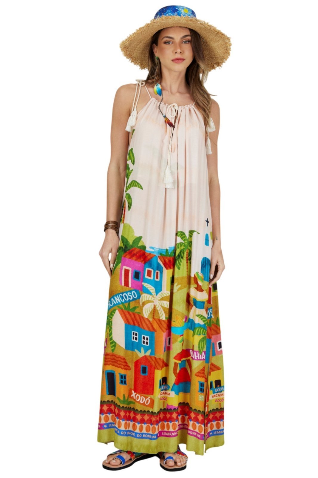 Vestido Longo De Alça De Cordão Oxê Coleção Bahêa Yacamim Q1 – Estampado