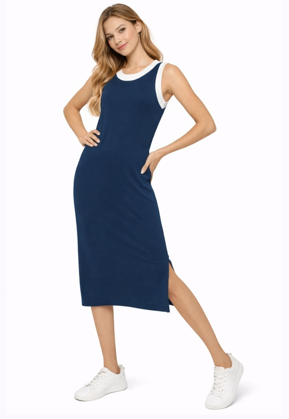 Vestido Viscolycra Maria Paes Midi Azul Marinho e Off White