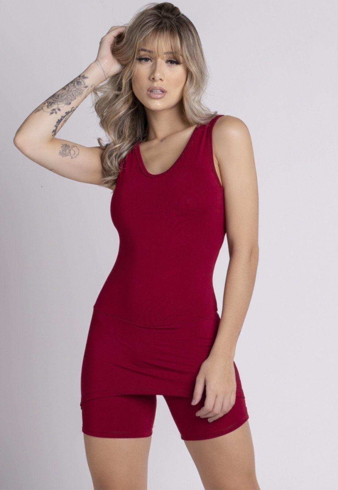 Macaquinho Saia Feminino Bella Fiore Modas Liso Vinho
