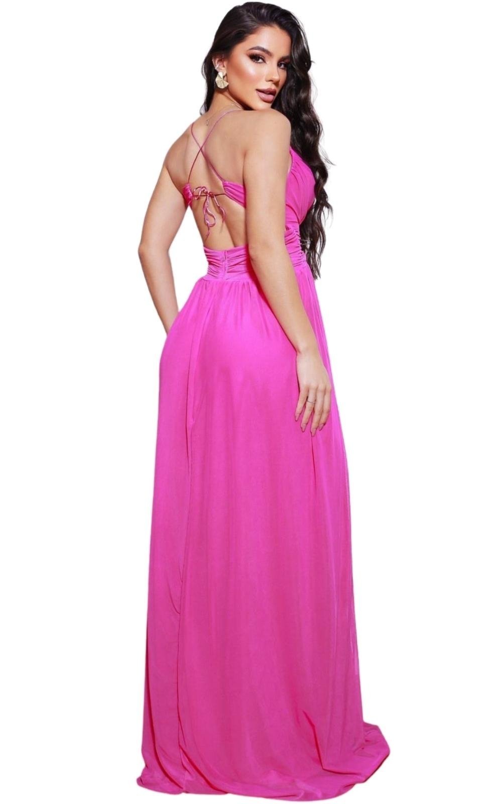 Vestido Festa Longo Mayse Frente única Micro Tule para Madrinhas Pink