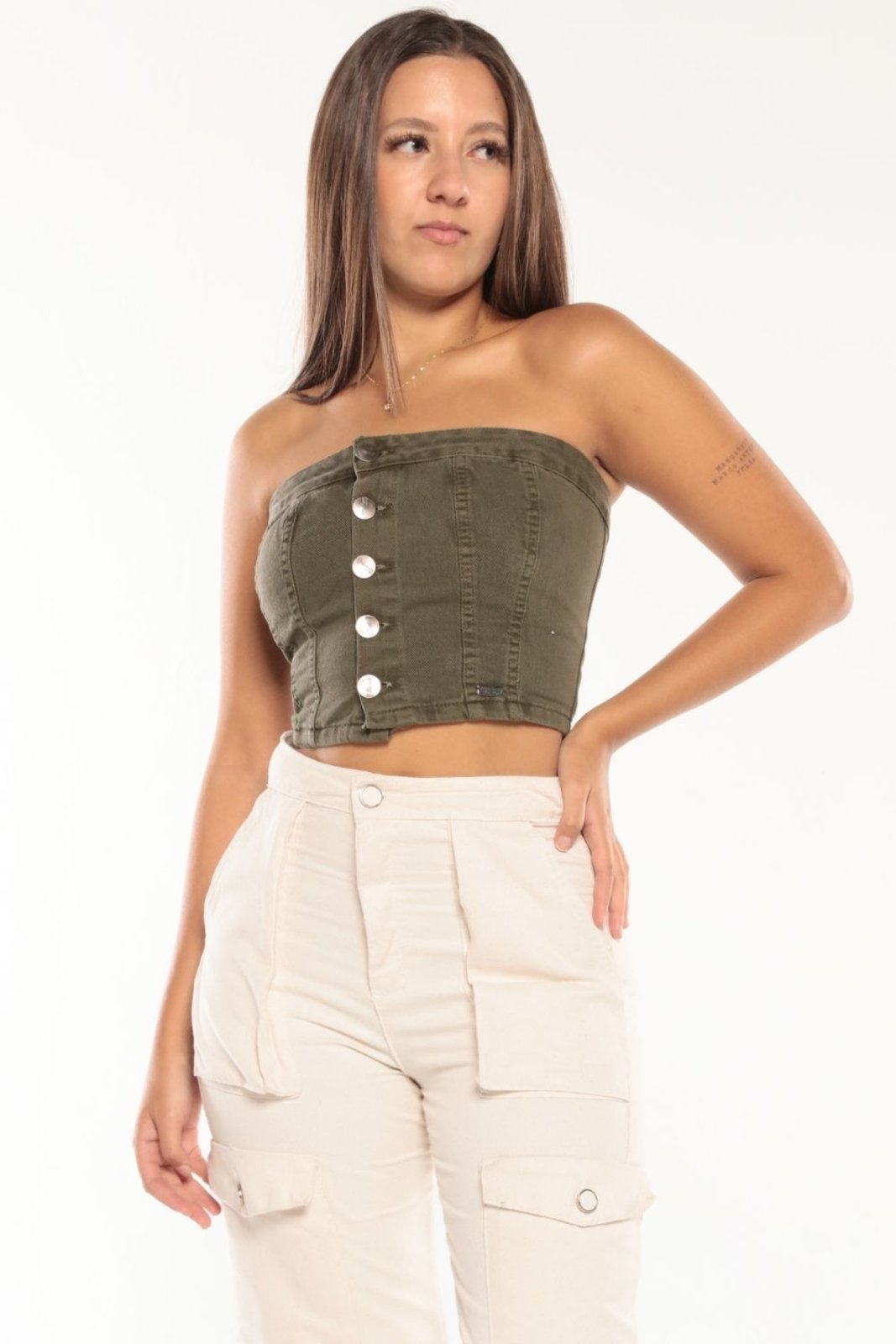 Cropped Feminino em Sarja Sem Mangas Planet Girls Verde Escuro