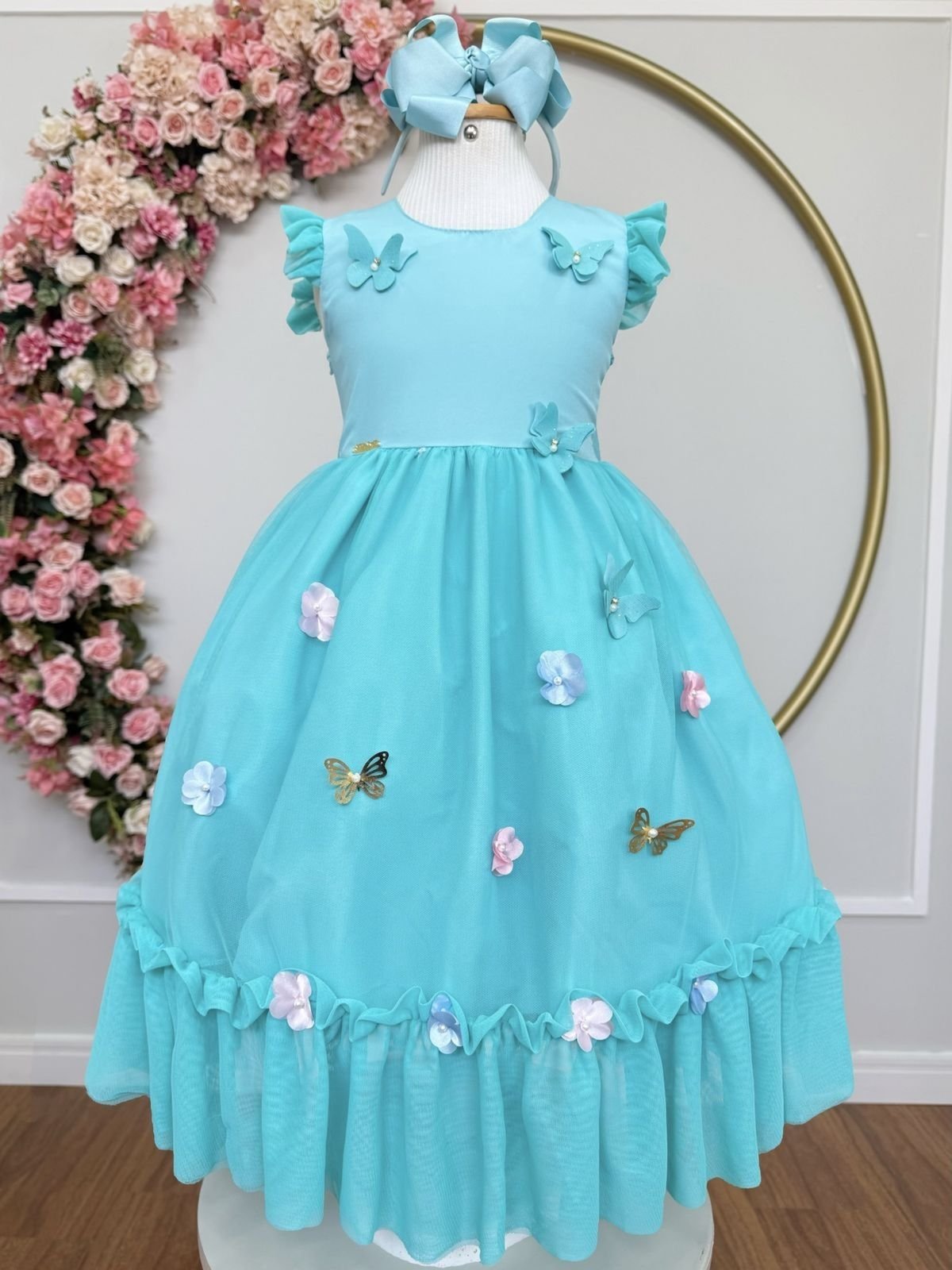 Infantil - Vestido Festa Verde Azul Turquesa Tiffany Formatura Florista Casamento Borboletas Flores Dama Daminha Social Menina Juvenil Pérolas Princesa Rodado Aniversário Luxo