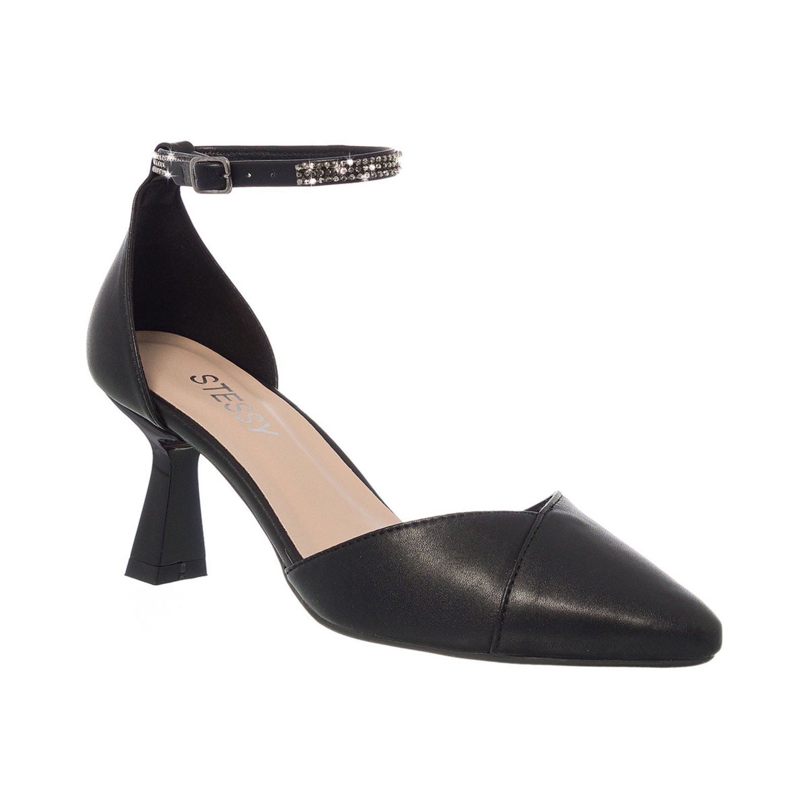 Scarpin Salome Sapato Bico Fino Salto Taça Strass Elegante Preto