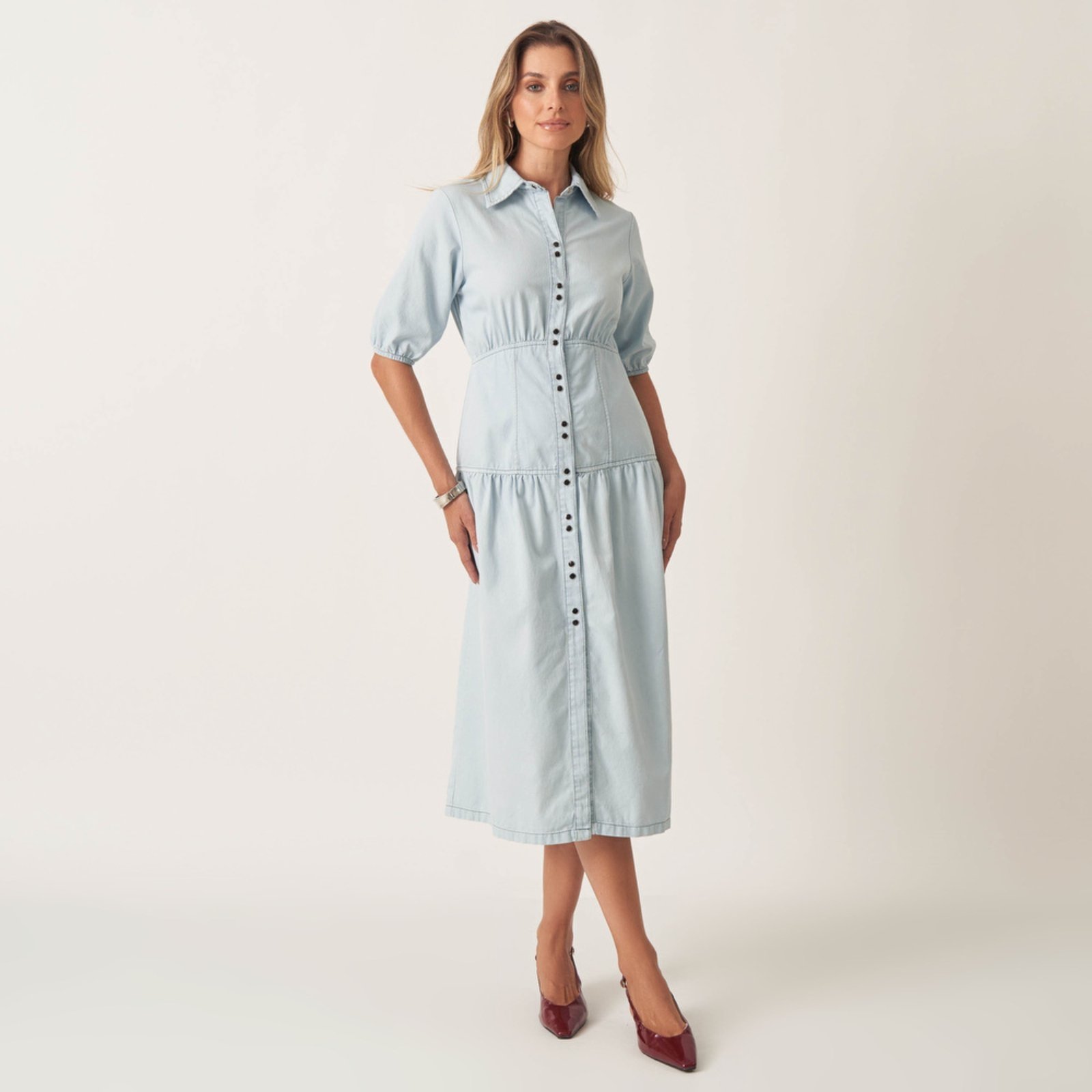 Vestido Jeans Leve Cintura Marcada Franzida